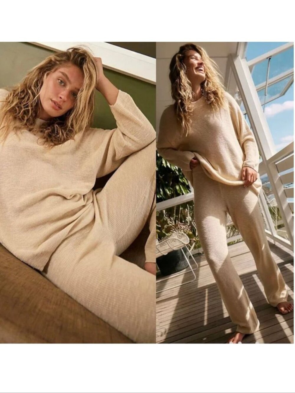 FREE PEOPLE Beach Malibu Solid Sweater Pants Surf Set Size XS Beige Stretch NEW